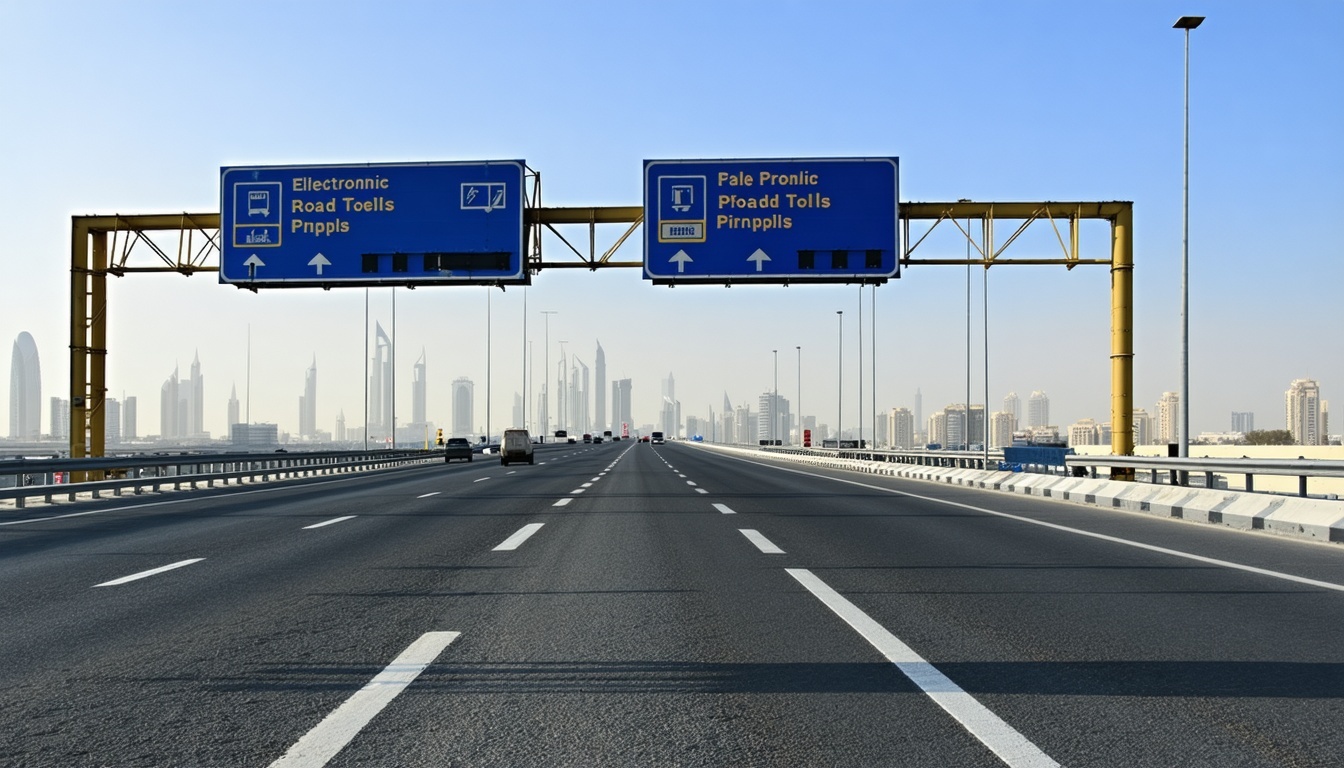 Dubai highway with electronic road toll gantry