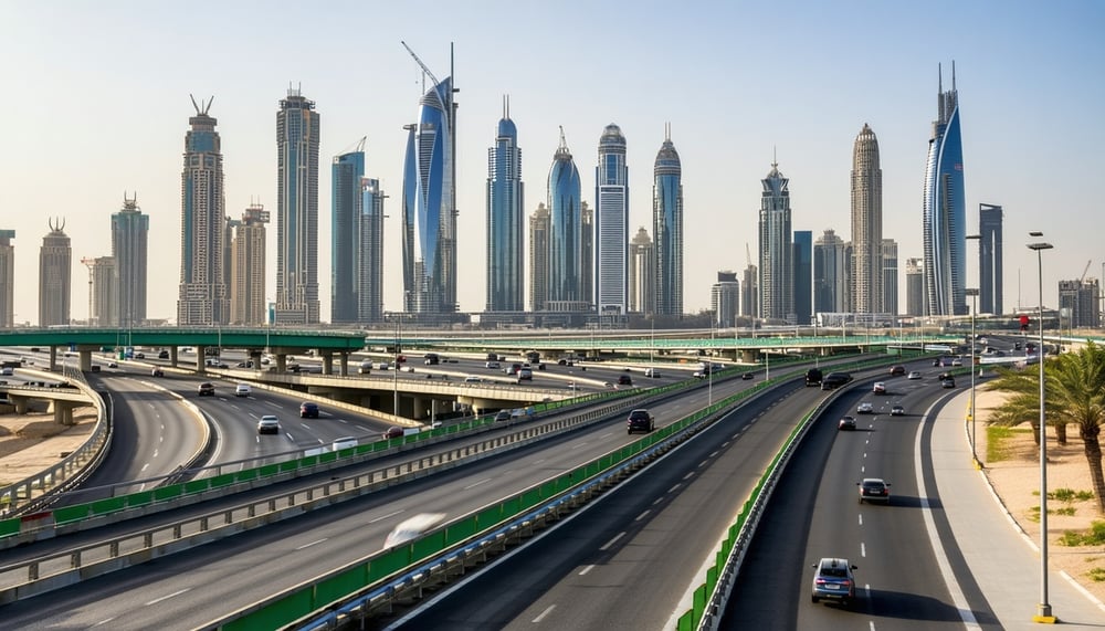 Dubai skyline with highways and toll roads